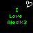 Pixelated green text on black background reads "I Love Alex!!<3" with a white pixel-art heart above, repeated twice side-by-side.