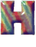 A static image of a stylized letter H with swirling rainbow-colored patterns and glossy highlights on a light gray background.