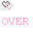 four and four displays a sequence where the text 'OVER' in pink pixelated font alternates with 'my head' in black pixelated font, each paired with two overlapping heart icons