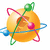 Pixelated atomic model icon with orange sphere, green ring, pink ring, blue ring, and green planet-like sphere on top.