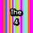 A static image with a bright pink background featuring vertical stripes in orange, yellow, green, blue, and cyan. Black text boxes display names: "The 4", "Muskeletes", "Katie A. Miranda M.", and "Kelsey O. Valerie L.".