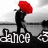 Pixelated image of a figure holding a red umbrella, standing on a platform with the word 'dance' in stylized text below.