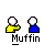 Pixelated buddy icon with two figures: yellow-shirted figure pointing right, blue-shirted figure standing still, all on gray background with text labels below.