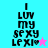 Pixelated text "I LUV MY SEXY LEXI" on cyan and pink backgrounds with a small star icon, transitioning between cyan and pink