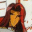 Pixelated static image of a person with long dark hair and red highlights, wearing a dark top against a light background.
