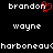 Pixelated text displays 'brandon' with a red heart symbol replacing the letter O, alongside repeated names and a mirrored character sequence on black background.