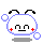 Pixelated white circular character with blue outline, black antennae, red cheeks, and floating bubbles in four variations showing static and animated expressions.
