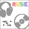 four and four shows a static image with gray headphones, a CD, 'MUSIC' text in rainbow colors, and small colored text below the CD
