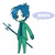 Pixelated character with blue hair, green outfit, and dark tie holding a staff-like object; light purple speech bubble to the right.