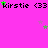 A bright pink background displays repeated 'kirstie <33' text with green and purple star icons scattered across the image.