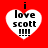 Four heart-shaped icons with 'i love scott !!!!' text on red background, each showing slight variations in pixelation and alignment.