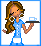 Pixel art contact sheet showing two frames of an animated buddy icon: a woman holding a tray with a teacup and text asking "Want some tea?"