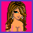 Pixelated static icon of a cartoon woman with long brown hair, turquoise eye, and pink bikini top against bright pink background with purple border.