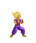 Pixel art character in purple martial arts uniform with red belt, yellow shoes, spiky blonde hair performing sequential combat poses against gray background.