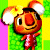 Pixelated character with red face and brown hair, wearing red outfit with white pattern, standing against green and yellow striped background with two white speech bubbles.