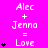 Bright pink background displays repeated text 'Alec + Jenna = Love' with varying heart counts per , transitioning from one to three hearts across observations