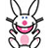 Pixelated cartoon bunny with pink nose and mouth, blue eyes, black outline, holding hands near chest on white background.