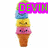 Pixelated ice cream cone with four stacked scoops, each a different color and smiling face, labeled with names in colored text boxes.