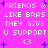 Pixelated text and symbols on a bright pink background with blue starbursts, repeating phrases and a heart symbol.