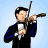 Pixelated animated icon of a person in formal attire playing a string instrument with bow, showing sequential motion across frames.