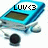 Pixelated blue and white vehicle with brown interior, black text 'LUV <3' on top, dark circular object below.