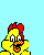 Pixel art chicken mascot in three animated frames with speech bubble text, blue sky background, and white cloud elements.