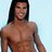 Pixelated image of a shirtless person with long dark hair standing against light blue background, smiling.