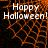 A Halloween-themed animated icon with orange spiderweb patterns on a black background and white text reading "Happy Halloween!".