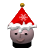 Pixelated icon of a round gray figure wearing a red Santa hat with white trim and a gold pom-pom, set against a solid gray background.