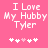 Pixelated text on pink background with heart symbols, showing two variations of the phrase "I Love My Hubby Tyler" and differing heart arrangements.