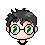 Pixelated cartoon head with dark spiky hair, round glasses, and green eyes showing three distinct eye states on a gray background.