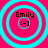 Four identical circular icons with cyan concentric rings on a bright pink background, each containing the text "Emily" and ":-"] in black pixelated font.