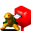 Animated sequence of a yellow turtle with green shell interacting with a red mailbox, showing motion from inserting mail to waving.