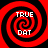 Four identical red and black spiral patterns arranged in a , each containing white text reading "TRUE DAT"