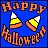 Pixelated blue square icon with orange text 'Happy' at top and 'Halloween' at bottom, featuring two candy corn icons in the center.