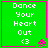 Green square with pink border displays 'Dance Your Heart Out <3' text and a small pink pixelated character, two variations show different character poses.