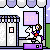 Pixel art animation of a child riding a white horse in front of a storefront with '20%' sign, showing head and body movement across frames.