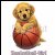 A golden retriever puppy sits on a basketball with paws resting on the ball, wearing a red collar against a white background.