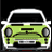 Pixelated front view of a light green car with white trim, black windows, and circular headlights on a dark background.