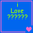 Blue square with pink border contains green text 'i Love ?????' and a heart symbol that changes from single to double then back to two separate hearts.