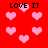 Red background with scattered pink hearts and repeated 'LOVE IT' text in black pixelated font.