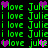 Green pixelated text 'i love' and 'Juliei love' with purple heart symbols on a black background, arranged in repeating