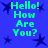 Blue background with dark blue star shapes and green text reading 'Hello! How Are You?' in four identical quadrants.