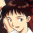 Pixelated anime-style character with brown hair and light skin, resting hand on cheek against blue background with red text elements.