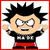 Pixelated cartoon character with spiky black hair and glasses, arms raised against white background; adjacent red contain text fragments and a blurred photo of a woman