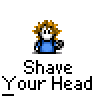 A 4x4 contact sheet of a pixel art animation showing a character shaving their head, with text and speech bubbles visible across frames.