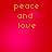 Red background with orange pixelated text reading 'peace and love' in four quadrants, each displaying the same phrase.