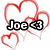 Pixelated icon with red heart outlines surrounding black-and-white text reading "Joe" followed by a right-pointing arrow and number 1 on white background.