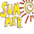 Yellow 'SUMMER' text with a sun icon above orange and white vertical stripes on the left, an orange flower on the right.