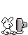 Pixel art bunny with pink inner ears sits before a gray monitor, displaying animation changes in screen color and head position.